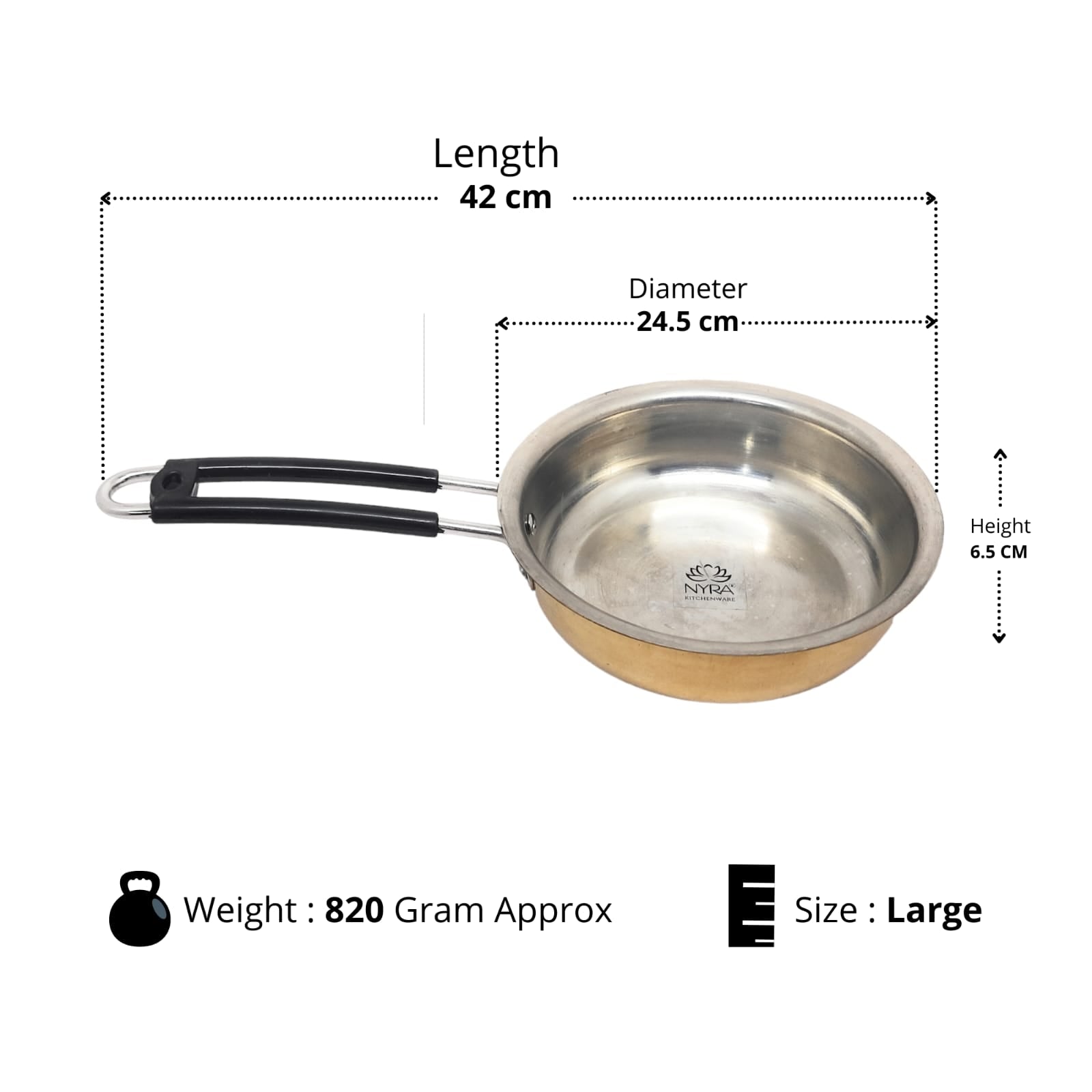 Stainless steel frying pan with dimensions and weight information on a white background