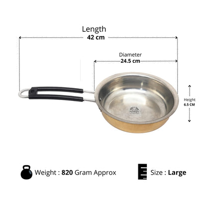 Stainless steel frying pan with dimensions and weight information on a white background
