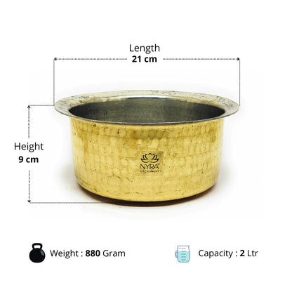 Brass pot with dimensions, weight, and capacity on a white background