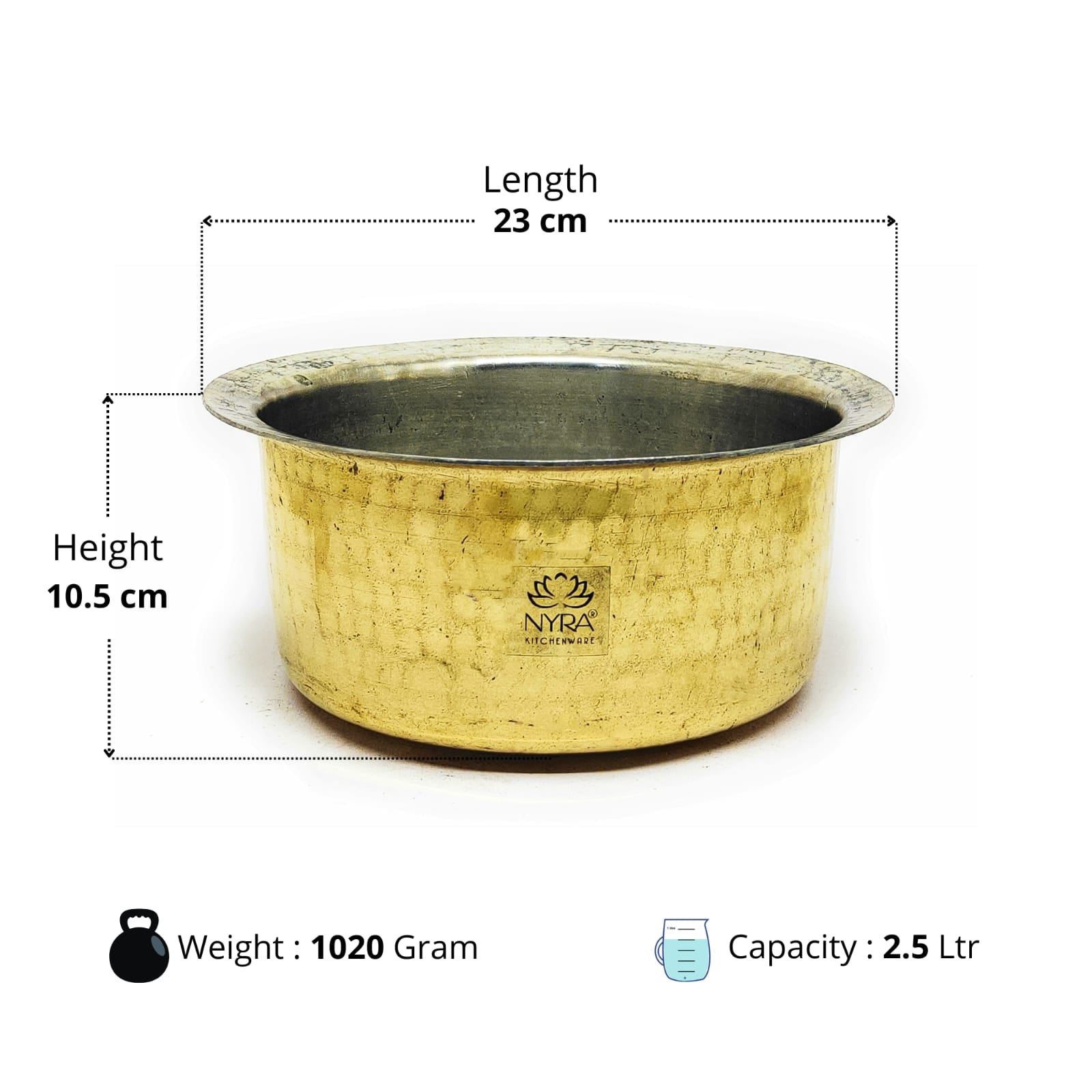 Brass pot with dimensions, weight, and capacity on a white background