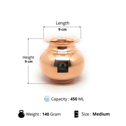 Copper pot with dimensions and specifications on a white background
