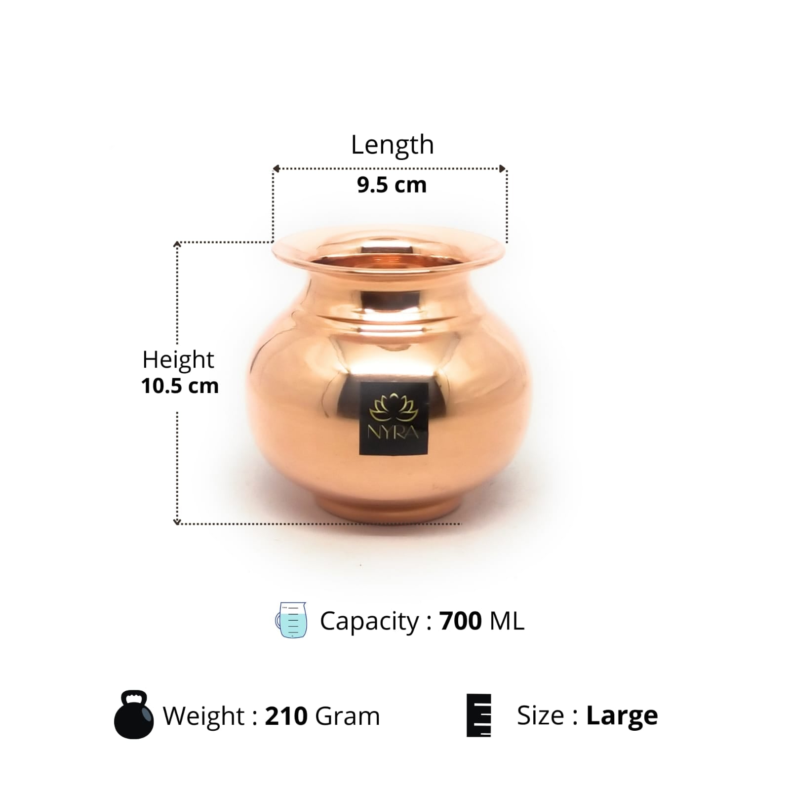 Copper pot with dimensions and capacity details on a white background