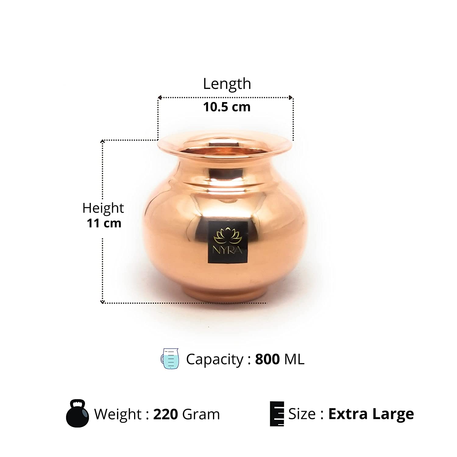 Copper pot with dimensions and weight details on a white background