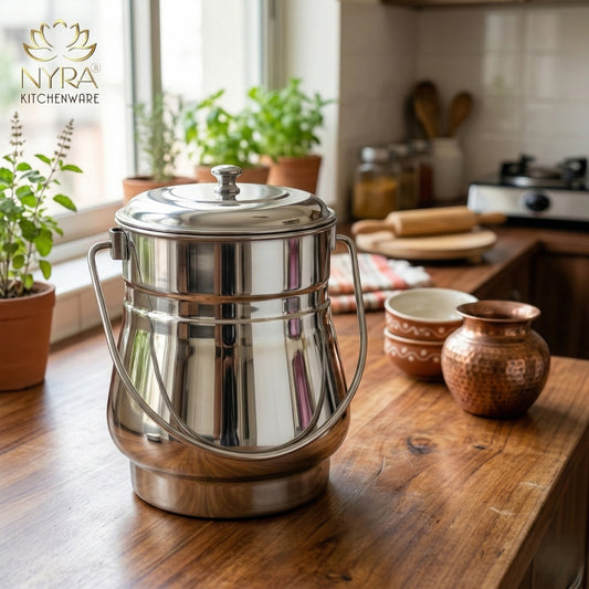 Stainless Steel Milk Pot/Container with lid | Flat Bottom dolchi for Milk - 4 sizes