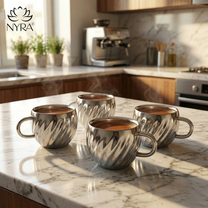 Stainless Steel Floral Design Tea Cup | Elegant Mirror Finish Cup Set