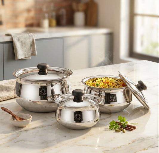 Stainless Steel Pulao Handi with Lid and PVC Knob – Set of 3