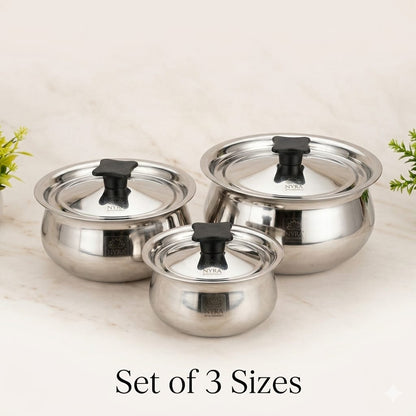 Stainless Steel Pulao Handi with Lid and PVC Knob – Set of 3