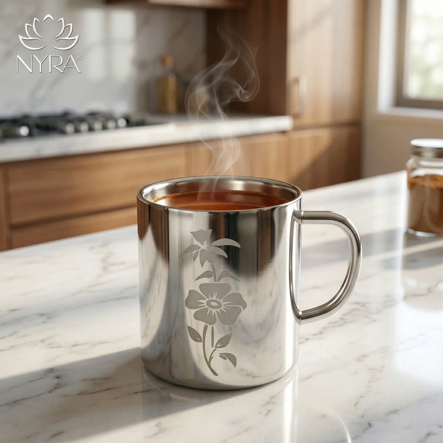 Stainless Steel Double-walled Mug/Cup Set - Floral Laser Printed