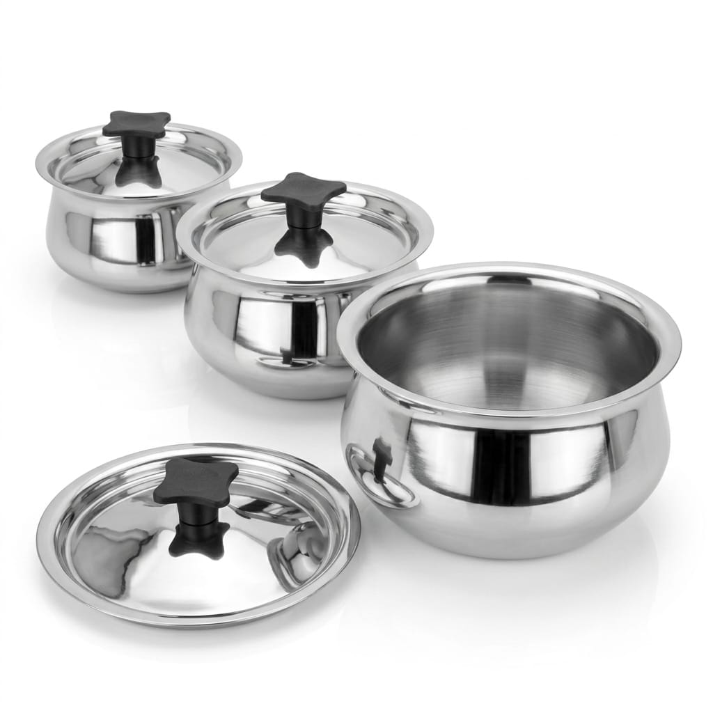 Stainless Steel Pulao Handi with Lid and PVC Knob – Set of 3