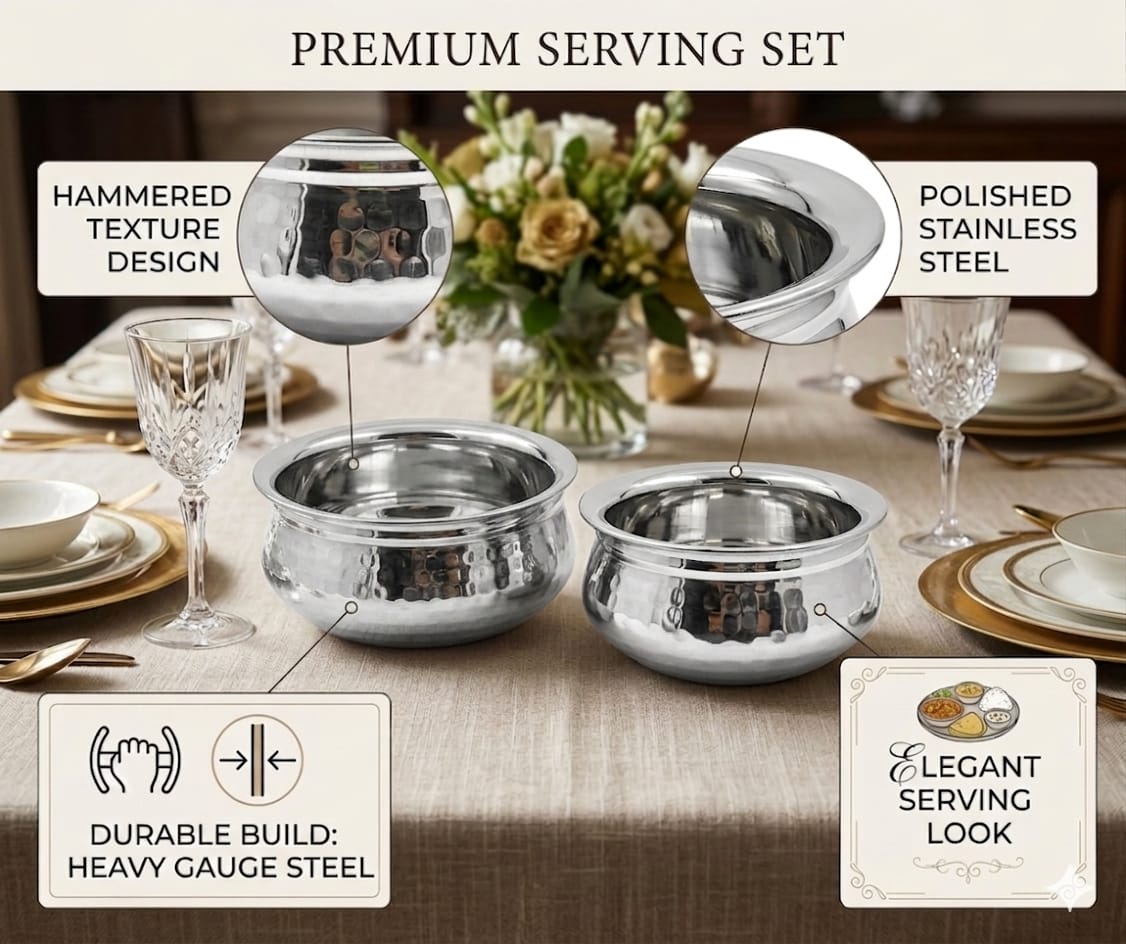 Stainless Steel Hammered Finish Dal Handi - Premium Serveware Set