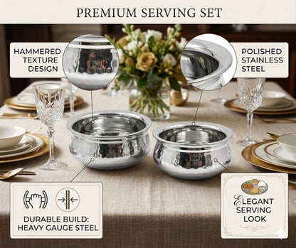 Stainless Steel Hammered Finish Dal Handi - Premium Serveware Set