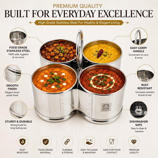 Stainless Steel Chougadha | Chaumukha Vegetable Holder with Handle – Premium 2, 3, 4 Container