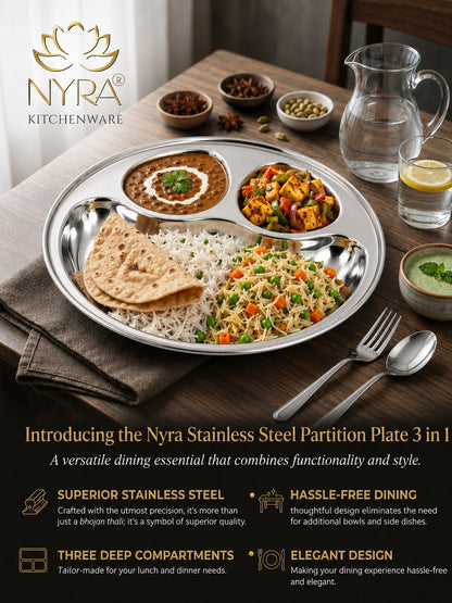Stainless Steel Partition Plate | 3 in 1 Compartment Bhojan Thali |