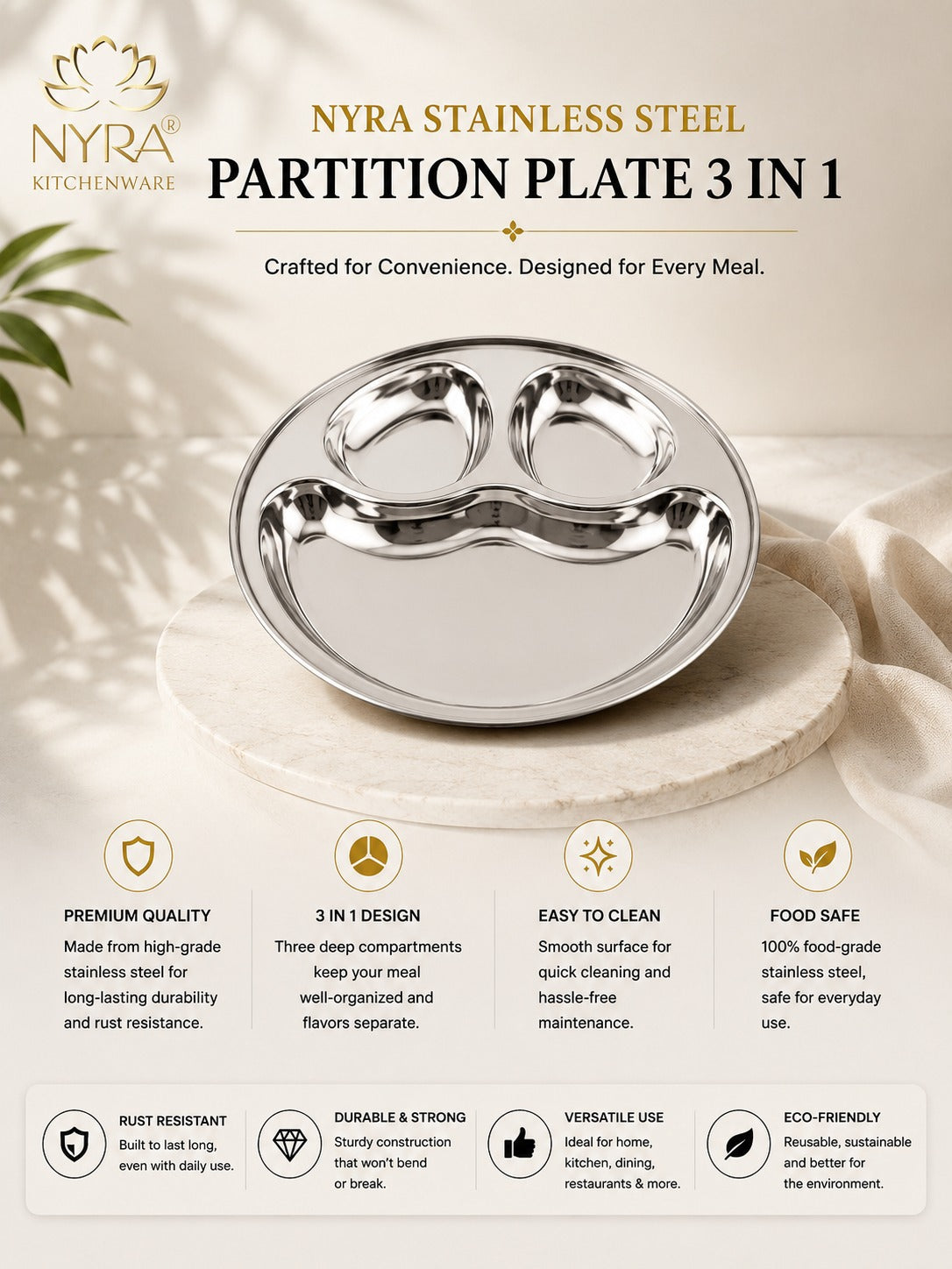 Stainless Steel Partition Plate | 3 in 1 Compartment Bhojan Thali |