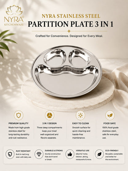 Stainless Steel Partition Plate | 3 in 1 Compartment Bhojan Thali |