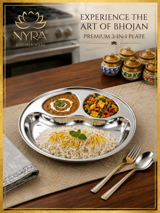 Stainless Steel Partition Plate | 3 in 1 Compartment Bhojan Thali |