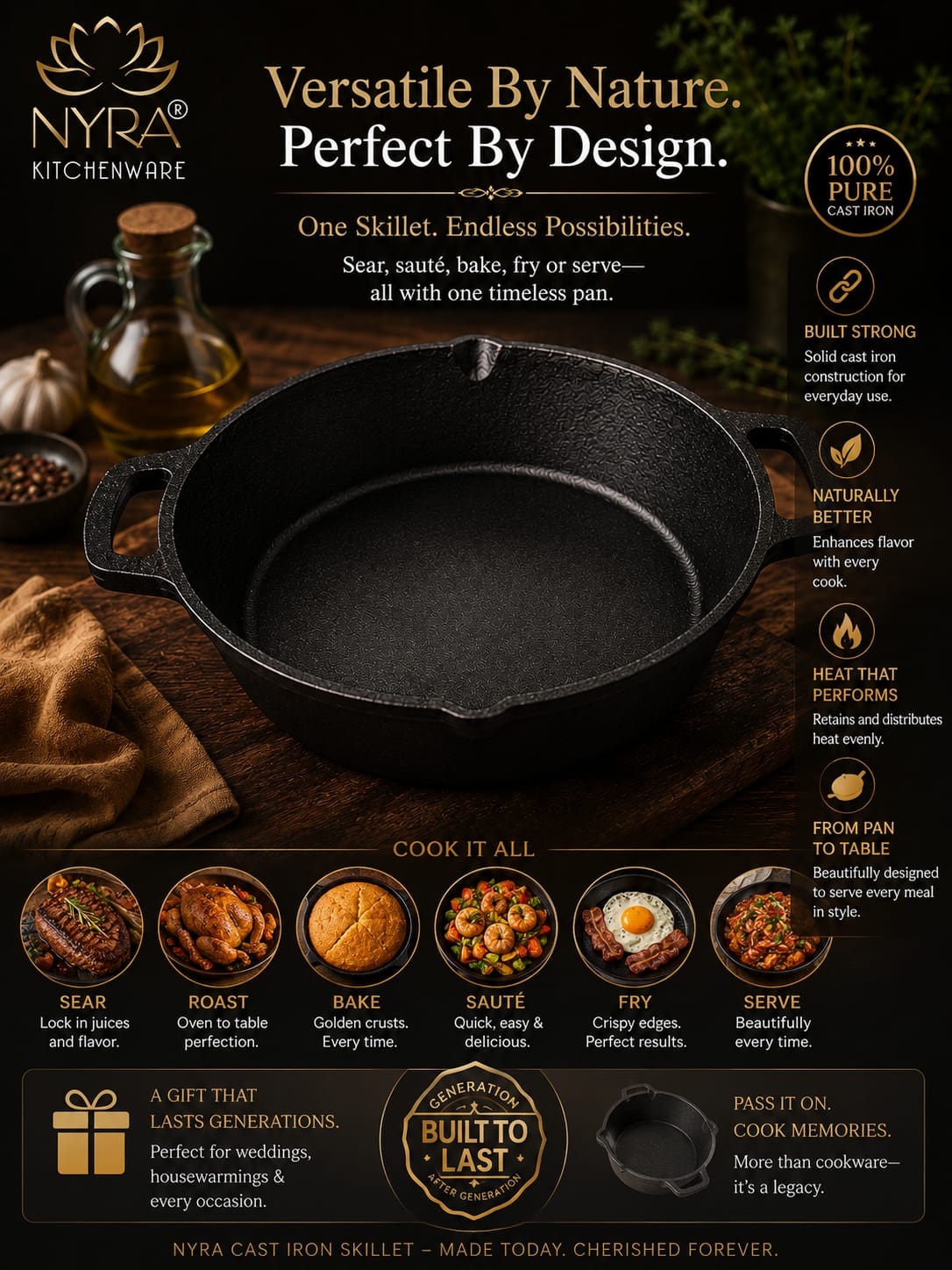 Pre-Seasoned Cast Iron Skillet | Non-Stick Fry Pan for Gas & Induction