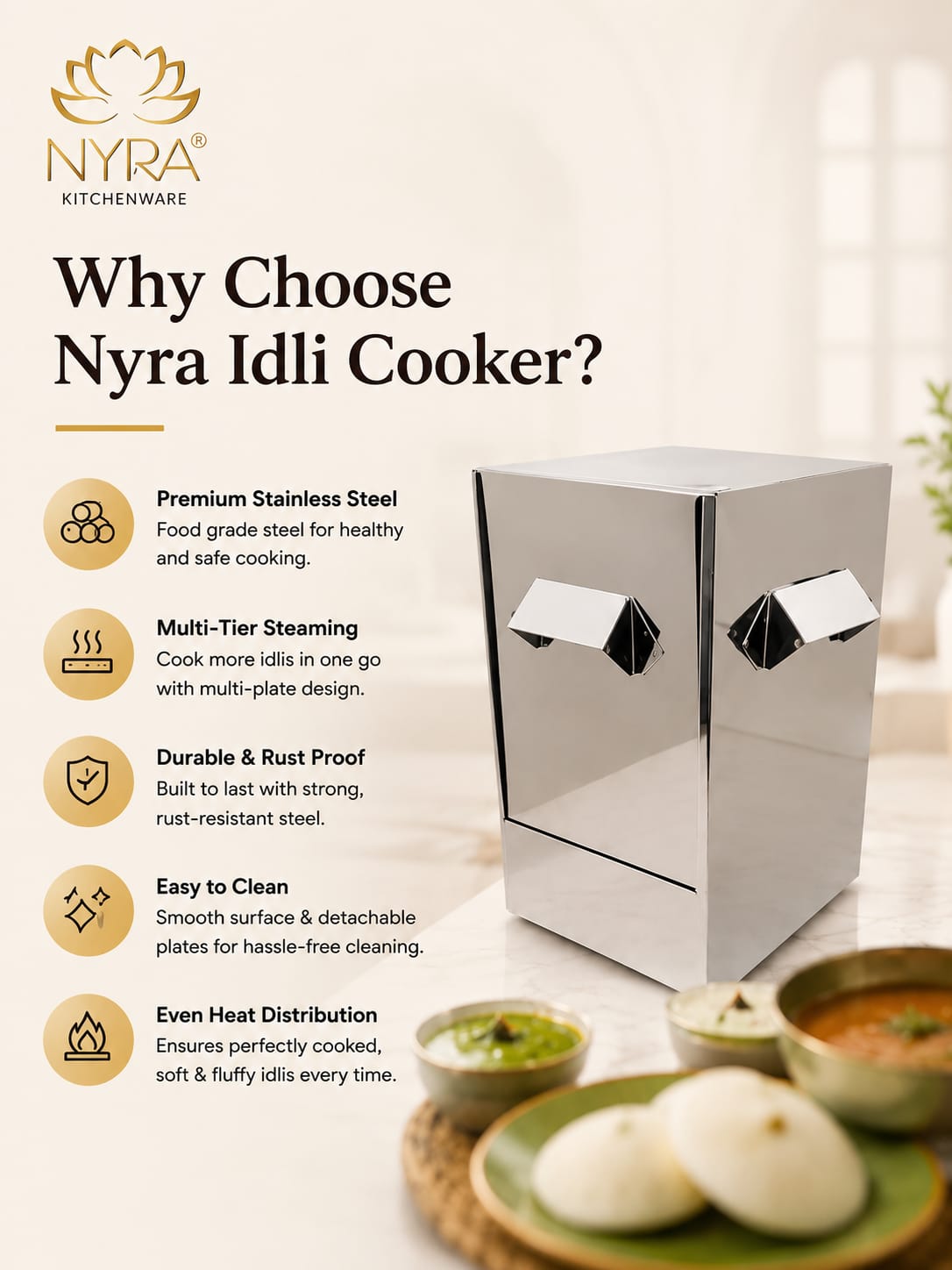 Stainless Steel Premium Idli Maker/Cooker with Multi-Plate Idli Stand
