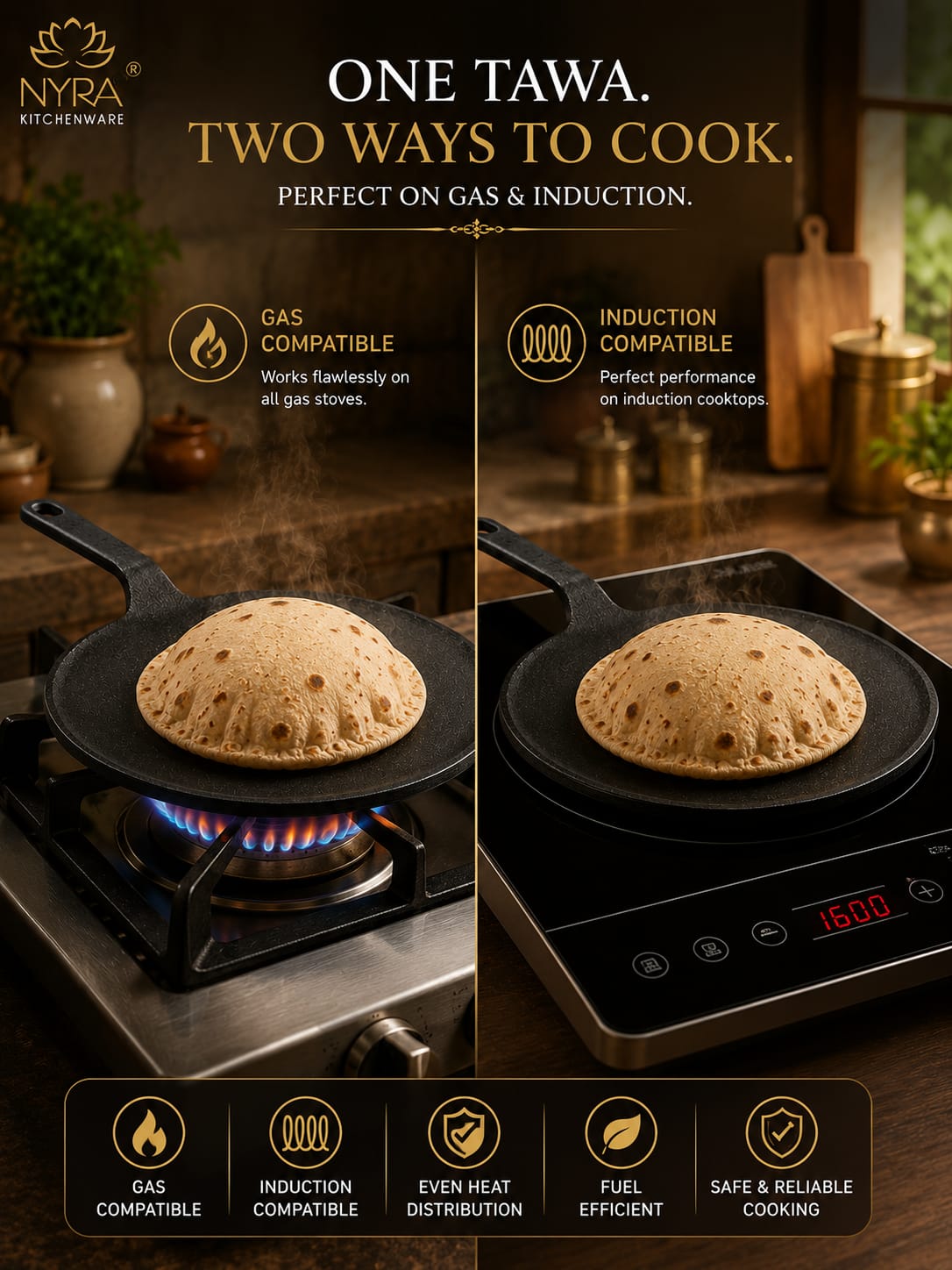 Cast Iron Roti Tawa | Pre-Seasoned, Naturally Non-Stick & Gas Stove Compatible