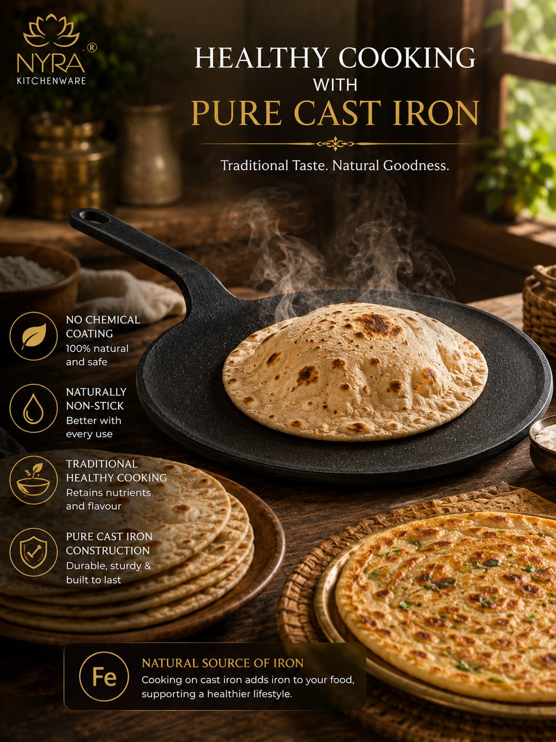 Cast Iron Roti Tawa | Pre-Seasoned, Naturally Non-Stick & Gas Stove Compatible
