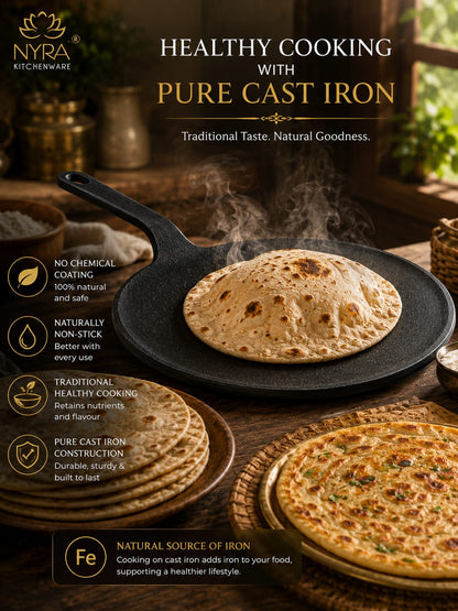Cast Iron Roti Tawa | Pre-Seasoned, Naturally Non-Stick & Gas Stove Compatible