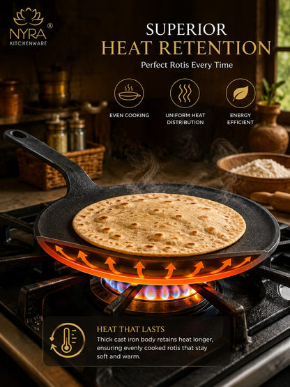 Cast Iron Roti Tawa | Pre-Seasoned, Naturally Non-Stick & Gas Stove Compatible