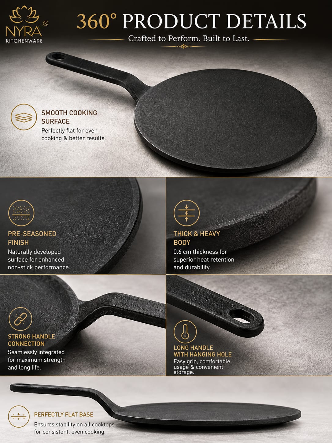 Cast Iron Roti Tawa | Pre-Seasoned, Naturally Non-Stick & Gas Stove Compatible