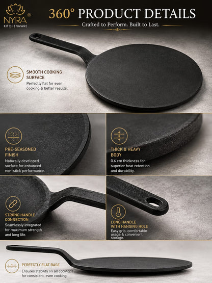 Cast Iron Roti Tawa | Pre-Seasoned, Naturally Non-Stick & Gas Stove Compatible