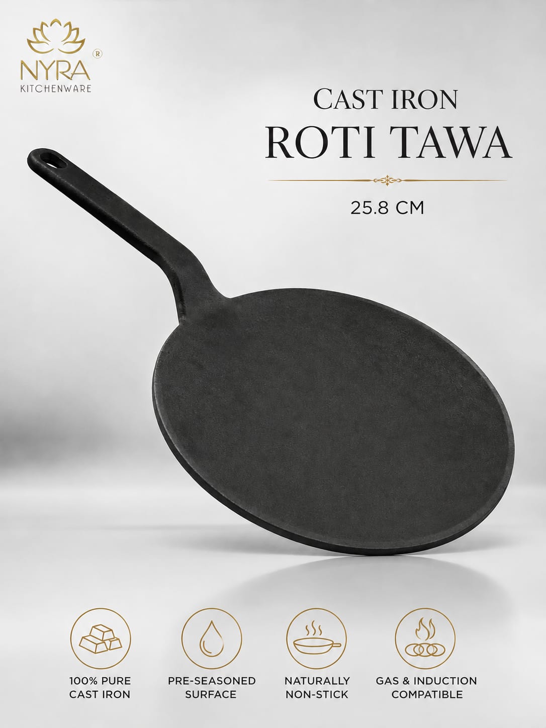 Cast Iron Roti Tawa | Pre-Seasoned, Naturally Non-Stick & Gas Stove Compatible
