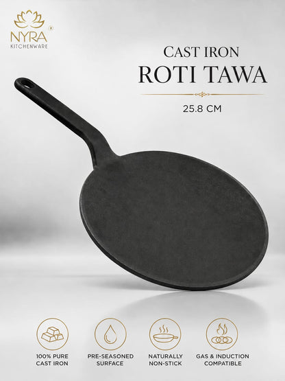 Cast Iron Roti Tawa | Pre-Seasoned, Naturally Non-Stick & Gas Stove Compatible