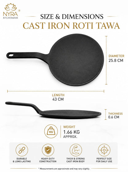 Cast Iron Roti Tawa | Pre-Seasoned, Naturally Non-Stick & Gas Stove Compatible
