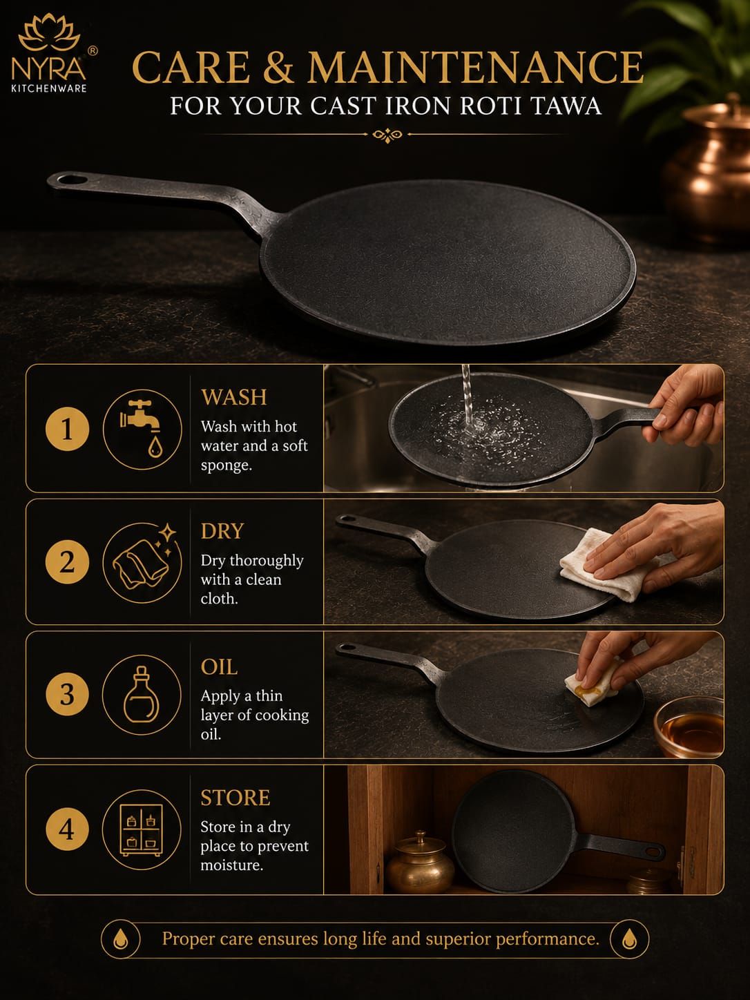 Cast Iron Roti Tawa | Pre-Seasoned, Naturally Non-Stick & Gas Stove Compatible