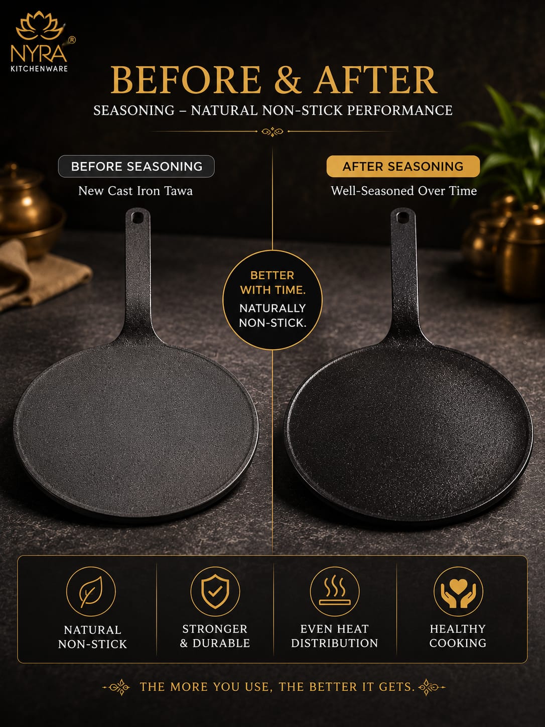 Cast Iron Roti Tawa | Pre-Seasoned, Naturally Non-Stick & Gas Stove Compatible