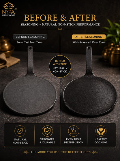 Cast Iron Roti Tawa | Pre-Seasoned, Naturally Non-Stick & Gas Stove Compatible