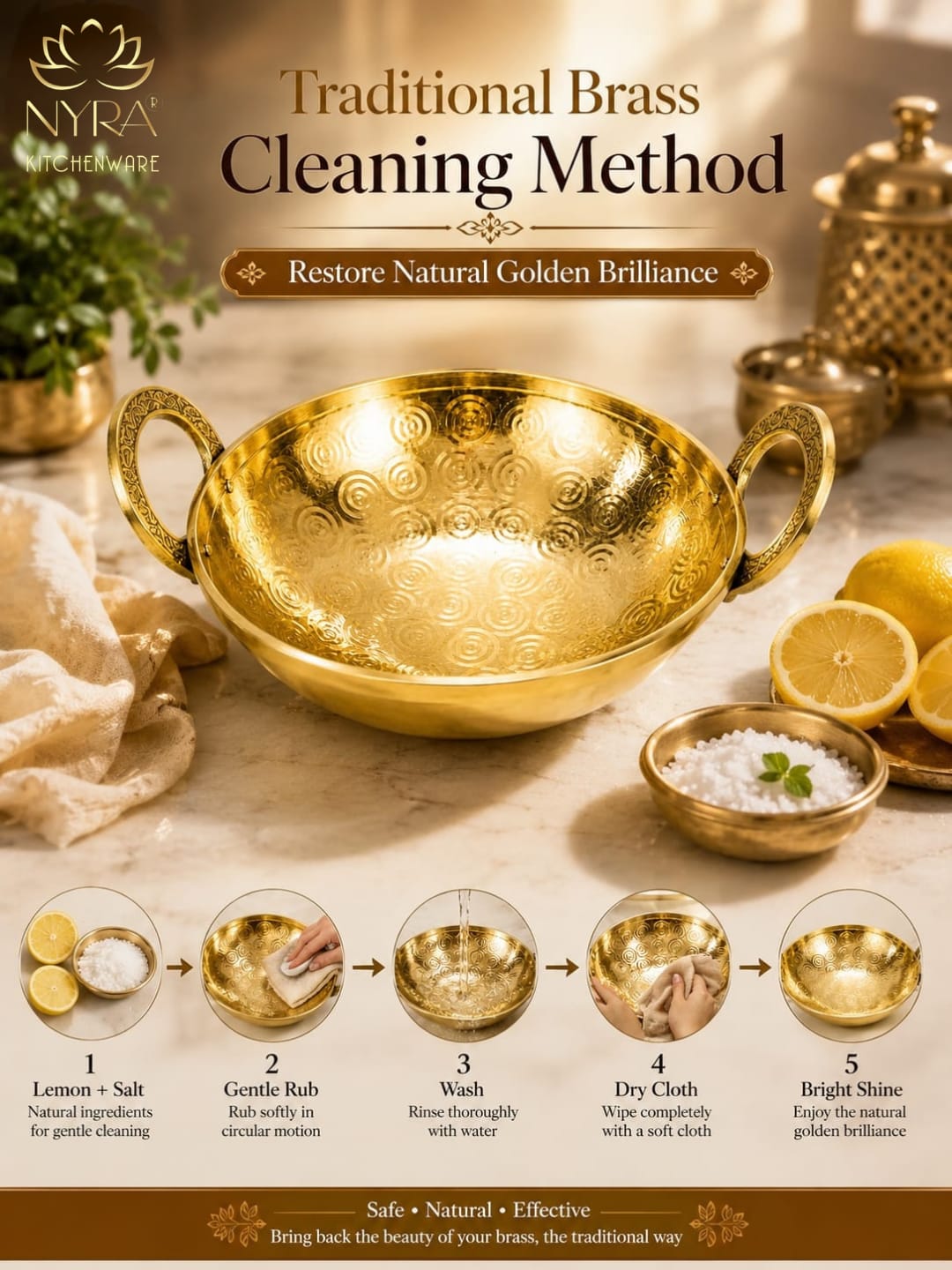 Traditional Brass Kadhai (Pital Wok) with Designer Handles | Premium Healthy Cookware (3 Sizes)