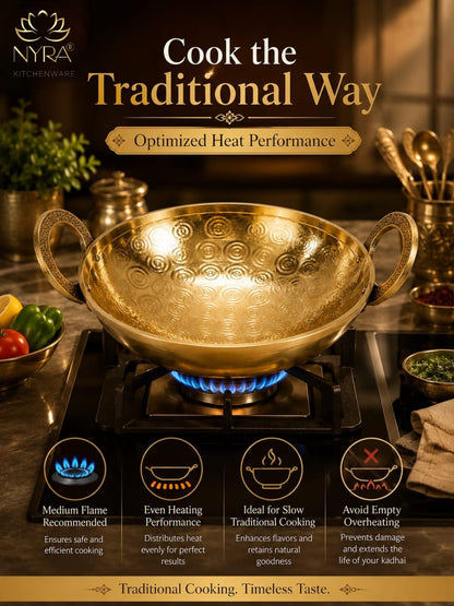 Traditional Brass Kadhai (Pital Wok) with Designer Handles | Premium Healthy Cookware (3 Sizes)