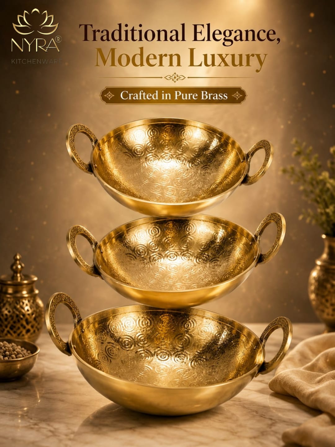 Traditional Brass Kadhai (Pital Wok) with Designer Handles | Premium Healthy Cookware (3 Sizes)