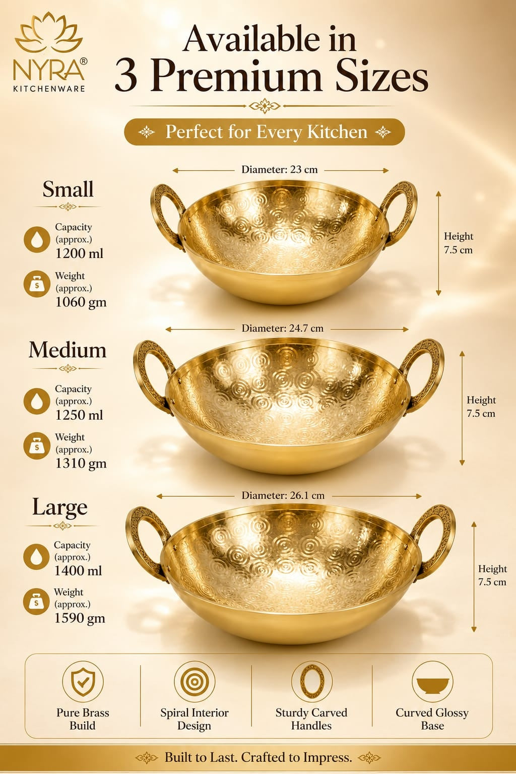 Traditional Brass Kadhai (Pital Wok) with Designer Handles | Premium Healthy Cookware (3 Sizes)