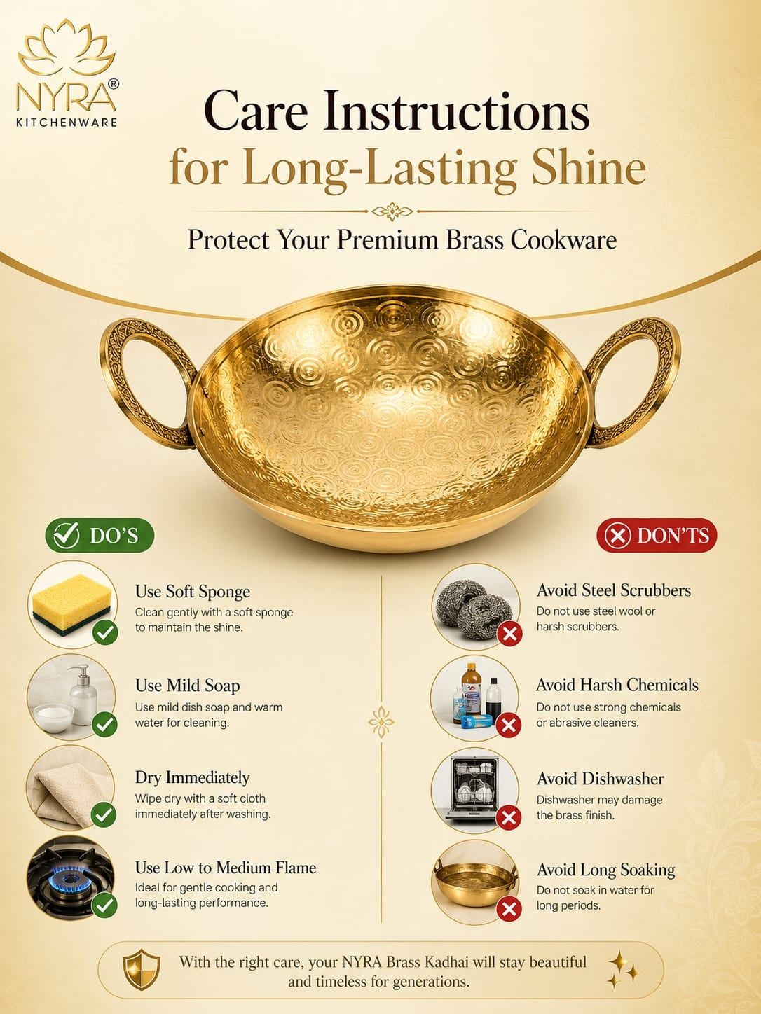 Traditional Brass Kadhai (Pital Wok) with Designer Handles | Premium Healthy Cookware (3 Sizes)