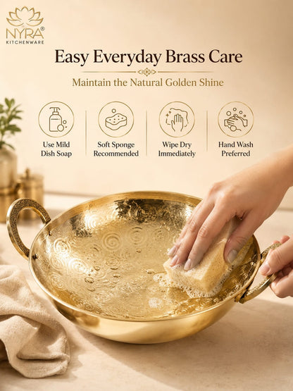 Traditional Brass Kadhai (Pital Wok) with Designer Handles | Premium Healthy Cookware (3 Sizes)