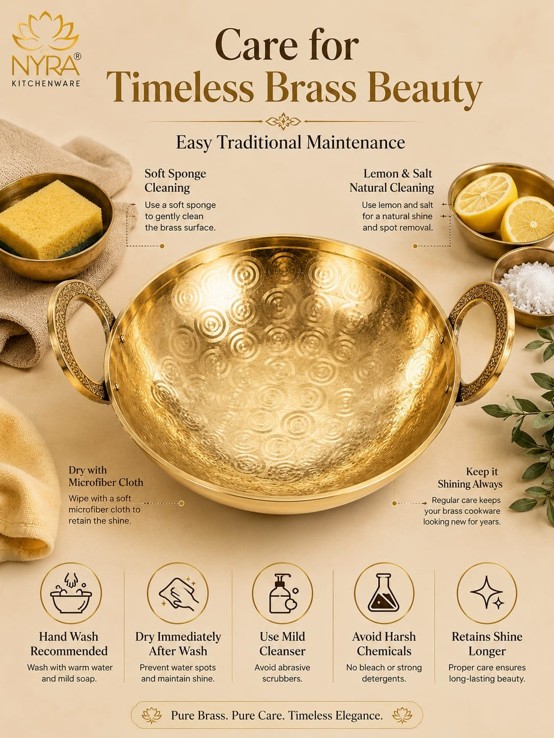 Traditional Brass Kadhai (Pital Wok) with Designer Handles | Premium Healthy Cookware (3 Sizes)