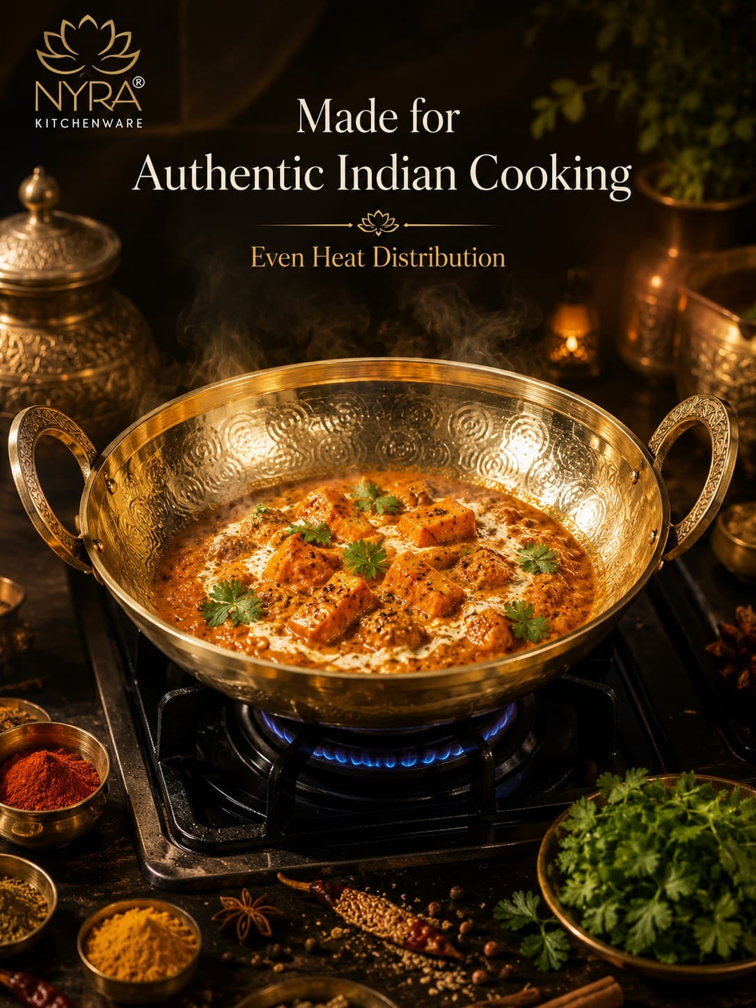 Traditional Brass Kadhai (Pital Wok) with Designer Handles | Premium Healthy Cookware (3 Sizes)