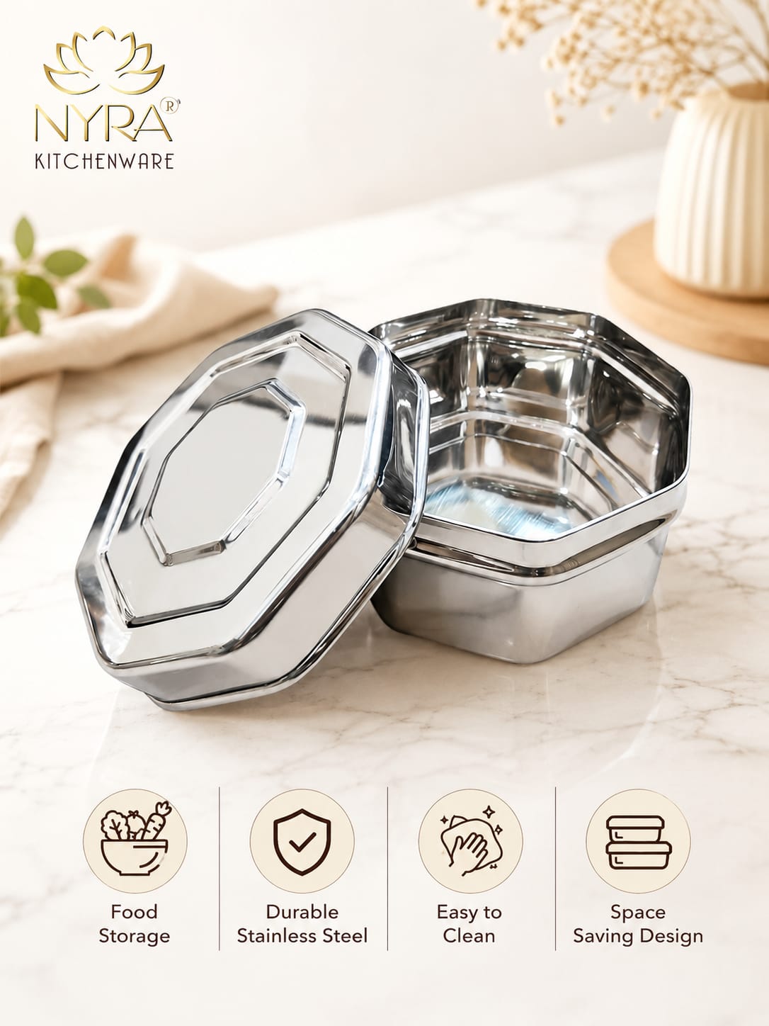 Stainless Steel Square Dibbi Set - Multipurpose Storage Containers (Set of 3 pcs) for Kitchen, Spice, and Snacks