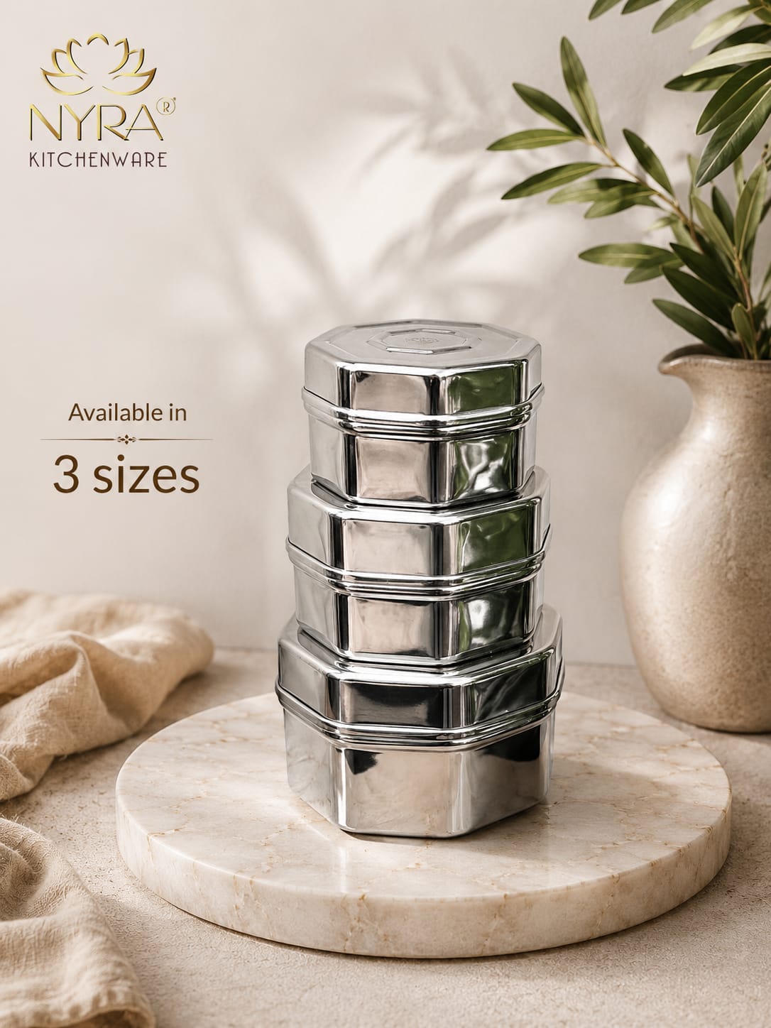 Stainless Steel Square Dibbi Set - Multipurpose Storage Containers (Set of 3 pcs) for Kitchen, Spice, and Snacks