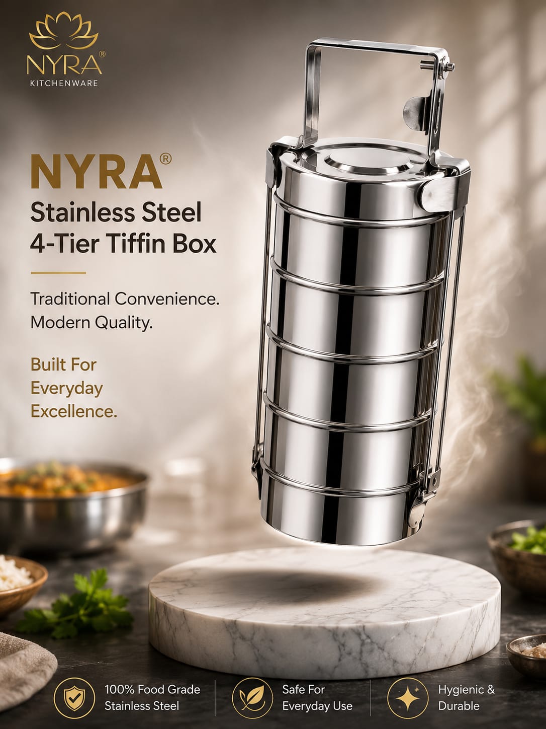 Stainless Steel 4-Tier Tiffin Box | Food Grade Lunch Box with Clip Carrier
