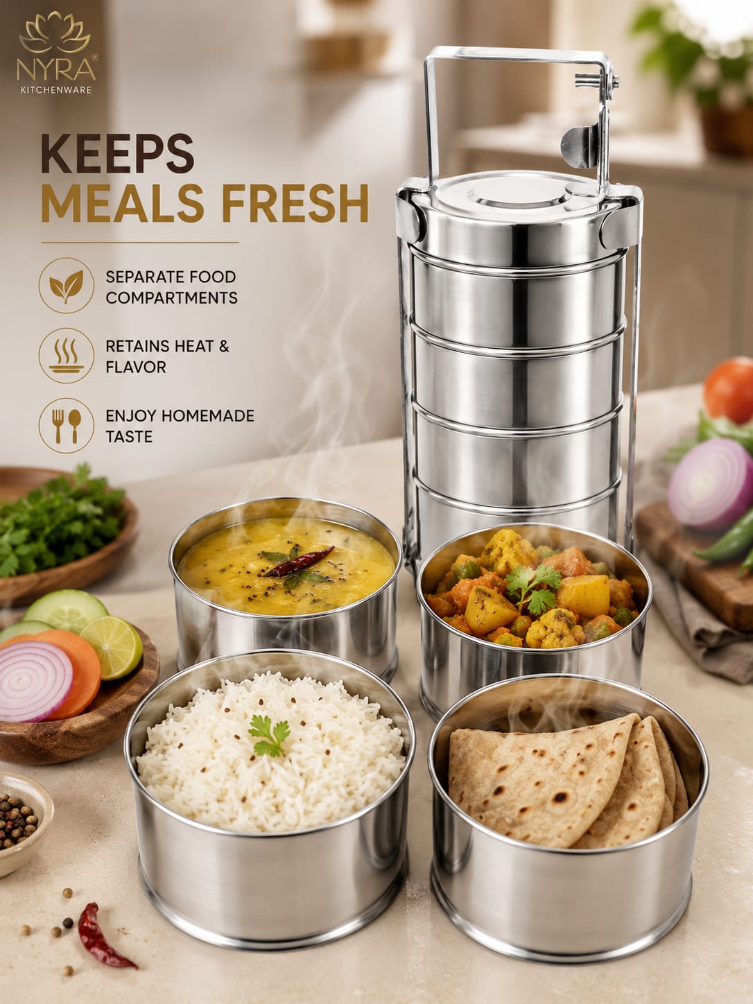 Stainless Steel 4-Tier Tiffin Box | Food Grade Lunch Box with Clip Carrier