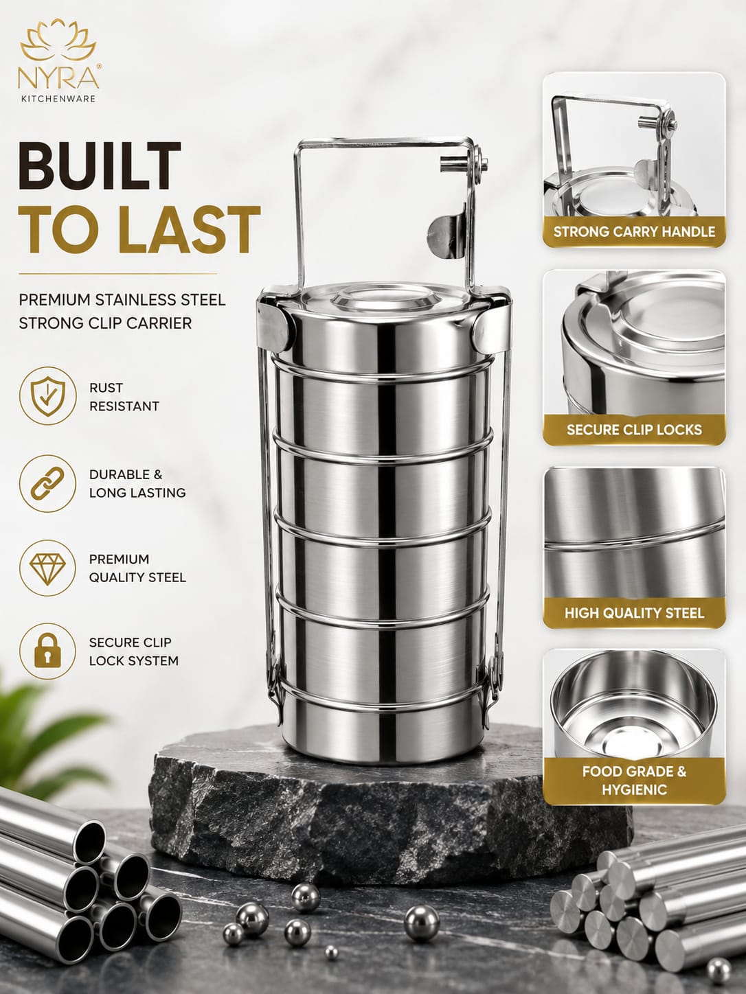 Stainless Steel 4-Tier Tiffin Box | Food Grade Lunch Box with Clip Carrier