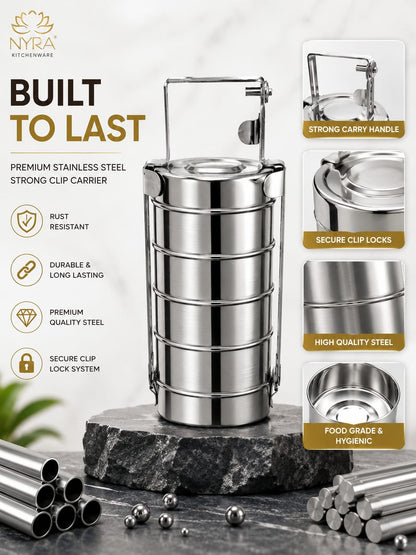 Stainless Steel 4-Tier Tiffin Box | Food Grade Lunch Box with Clip Carrier