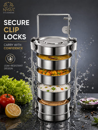 Stainless Steel 4-Tier Tiffin Box | Food Grade Lunch Box with Clip Carrier