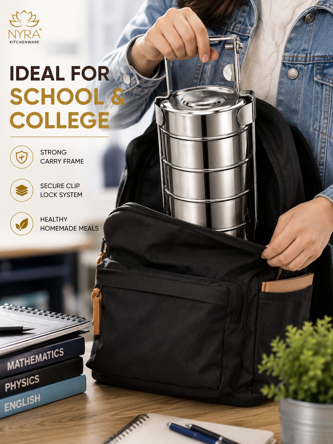 Stainless Steel 4-Tier Tiffin Box | Food Grade Lunch Box with Clip Carrier